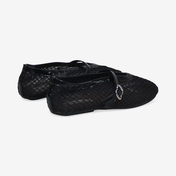 Women’s Mesh Mary Jane Buckle Ballet Flats, Black, Faux Leather, Flat Shoes - Picture 2 of 5